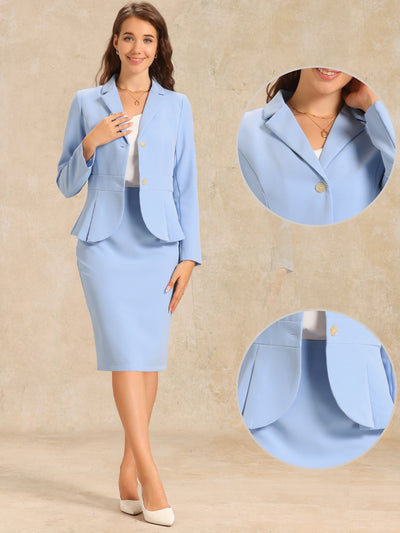 Long Sleeve Notched Lapel Peplum Blazer Pencil Skirt 2 Piece Set