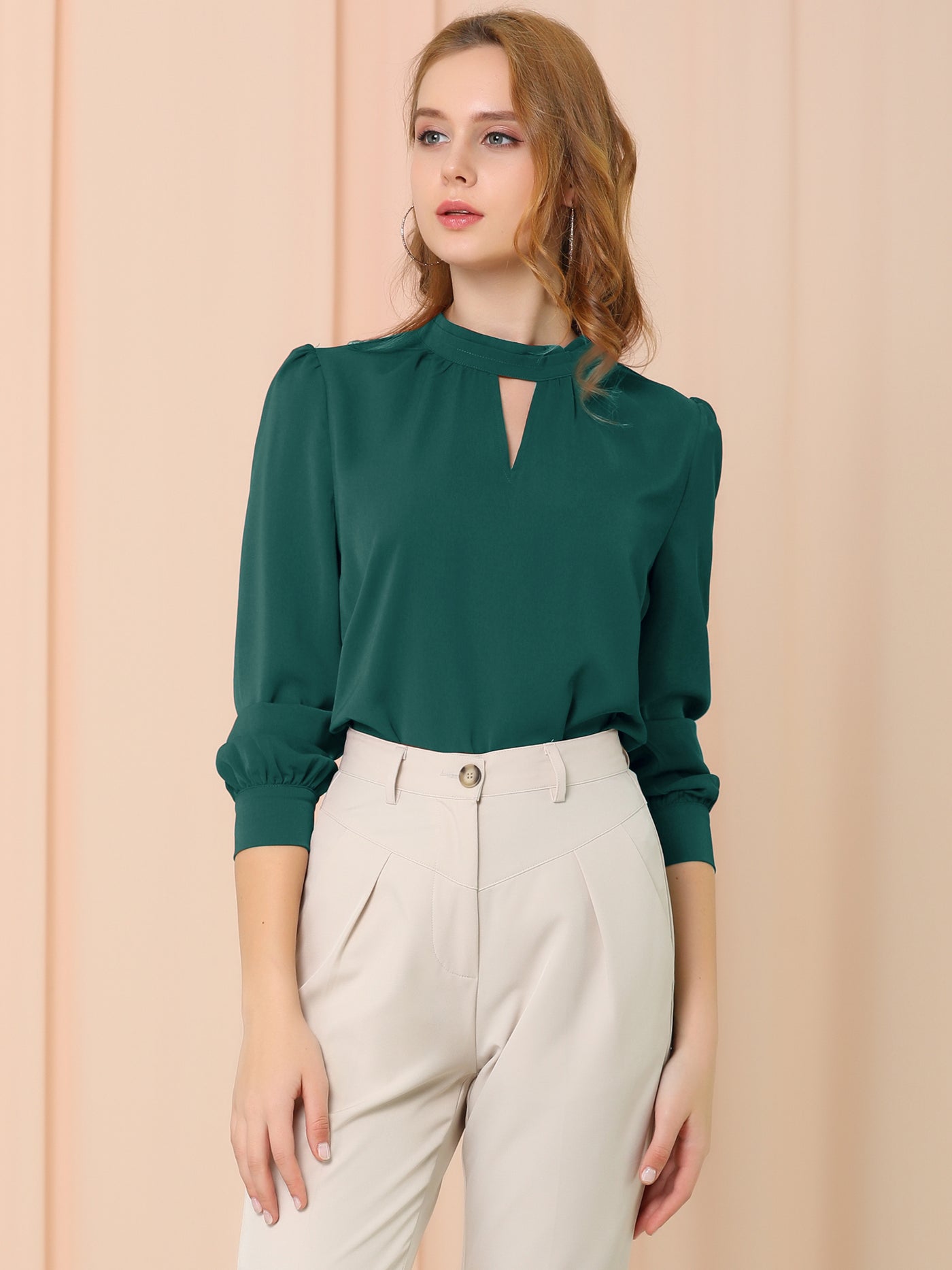 Allegra K Keyhole Elegant Stand Collar Long Sleeve Chiffon Office Blouse