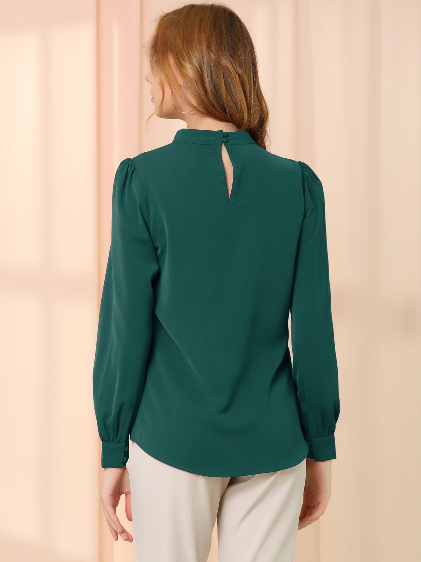 Allegra K Keyhole Elegant Stand Collar Long Sleeve Chiffon Office Blouse