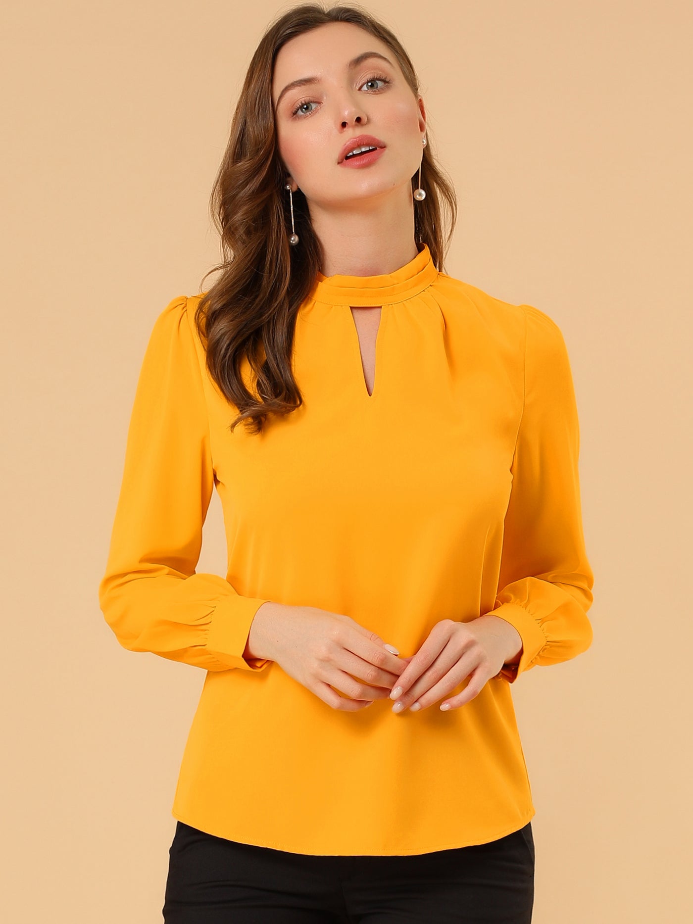 Allegra K Keyhole Elegant Stand Collar Long Sleeve Chiffon Office Blouse