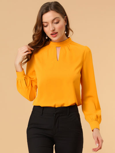 Keyhole Elegant Stand Collar Long Sleeve Chiffon Office Blouse