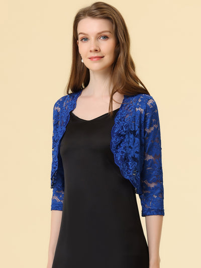 3/4 Sleeves Sheer Floral Lace Cropped Bolero Shrug