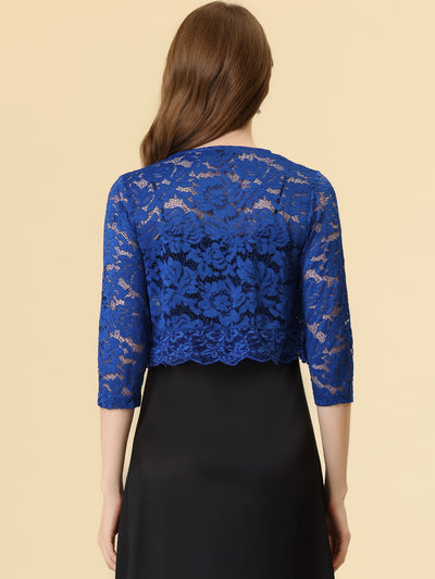 3/4 Sleeves Sheer Floral Lace Cropped Bolero Shrug