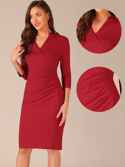 Half Sleeve V Neck Ruched Office Work Sheath Formal Midi Dress