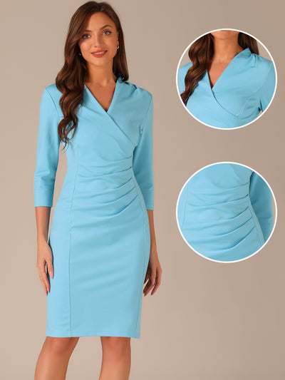 Half Sleeve V Neck Ruched Office Work Sheath Formal Midi Dress