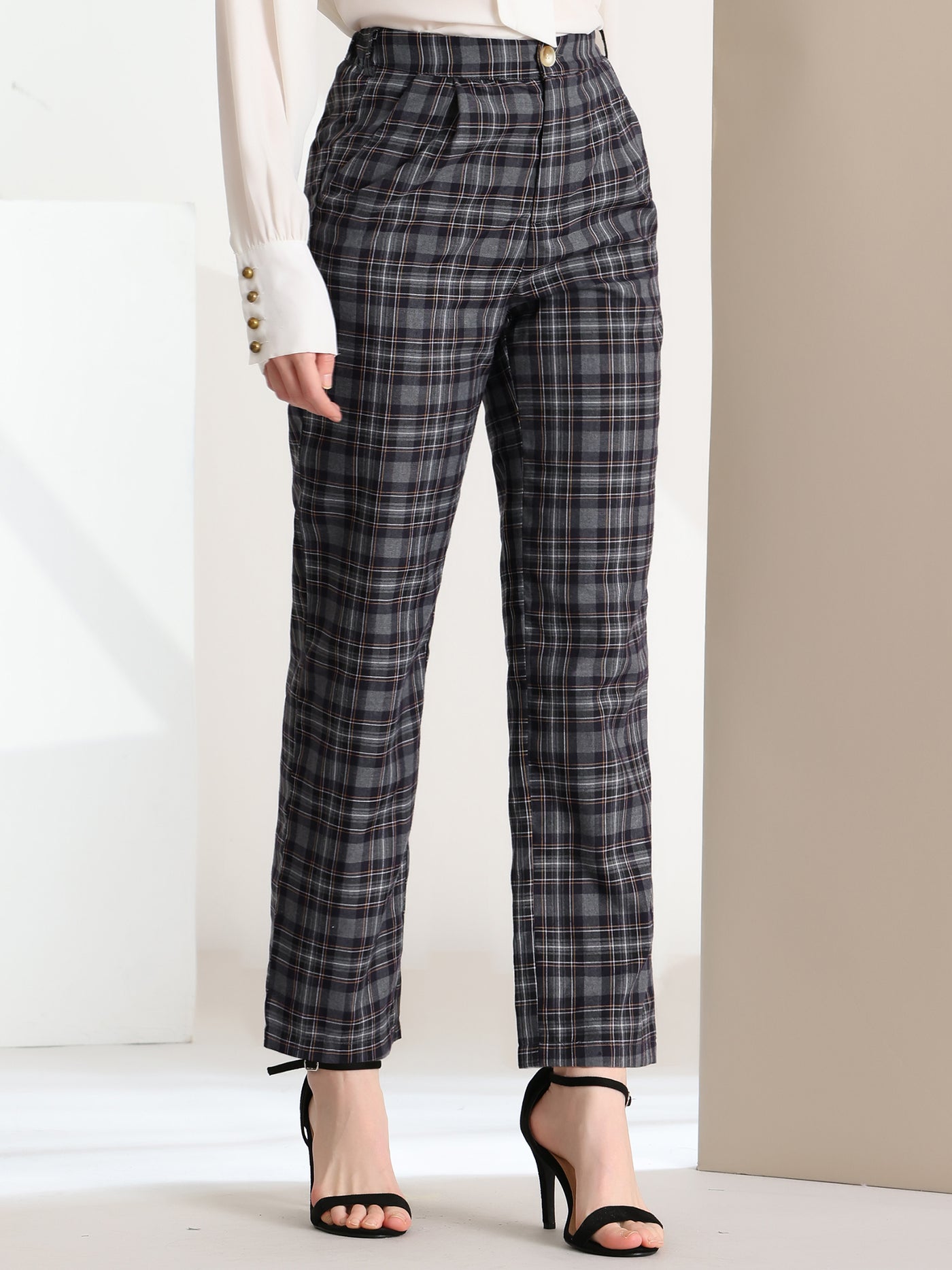 Allegra K Plaid Pants Elastic Waist Casual Work Office Long Trousers