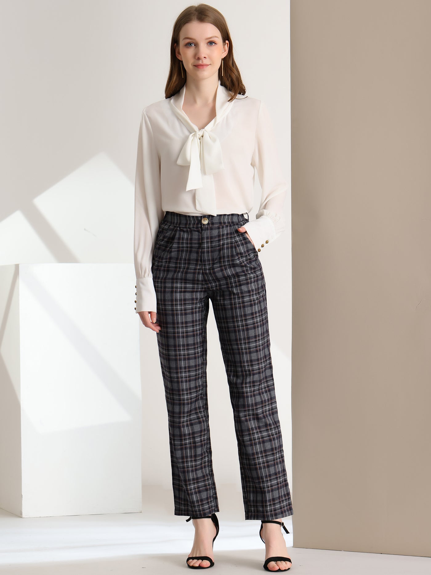 Allegra K Plaid Pants Elastic Waist Casual Work Office Long Trousers