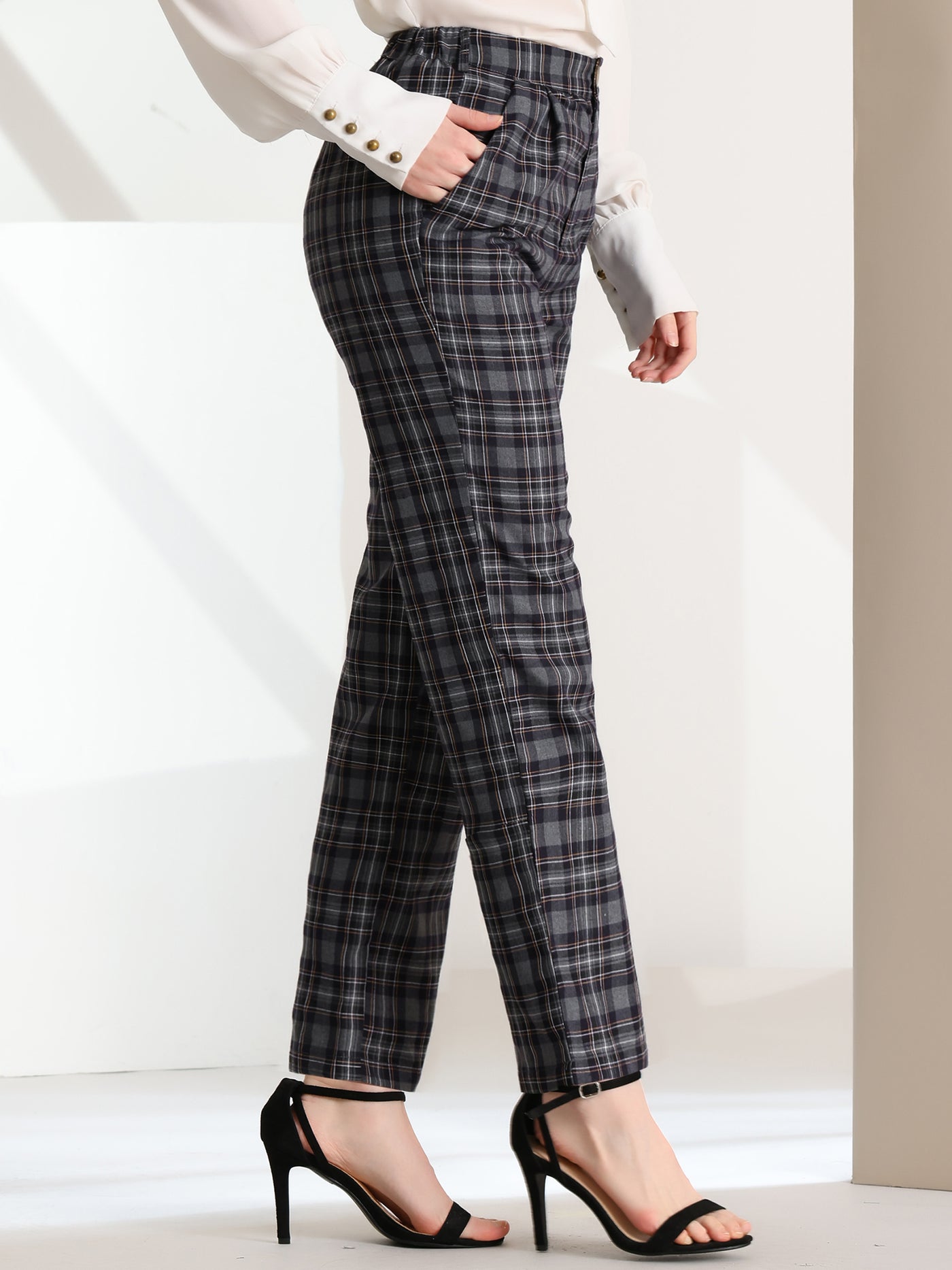 Allegra K Plaid Pants Elastic Waist Casual Work Office Long Trousers