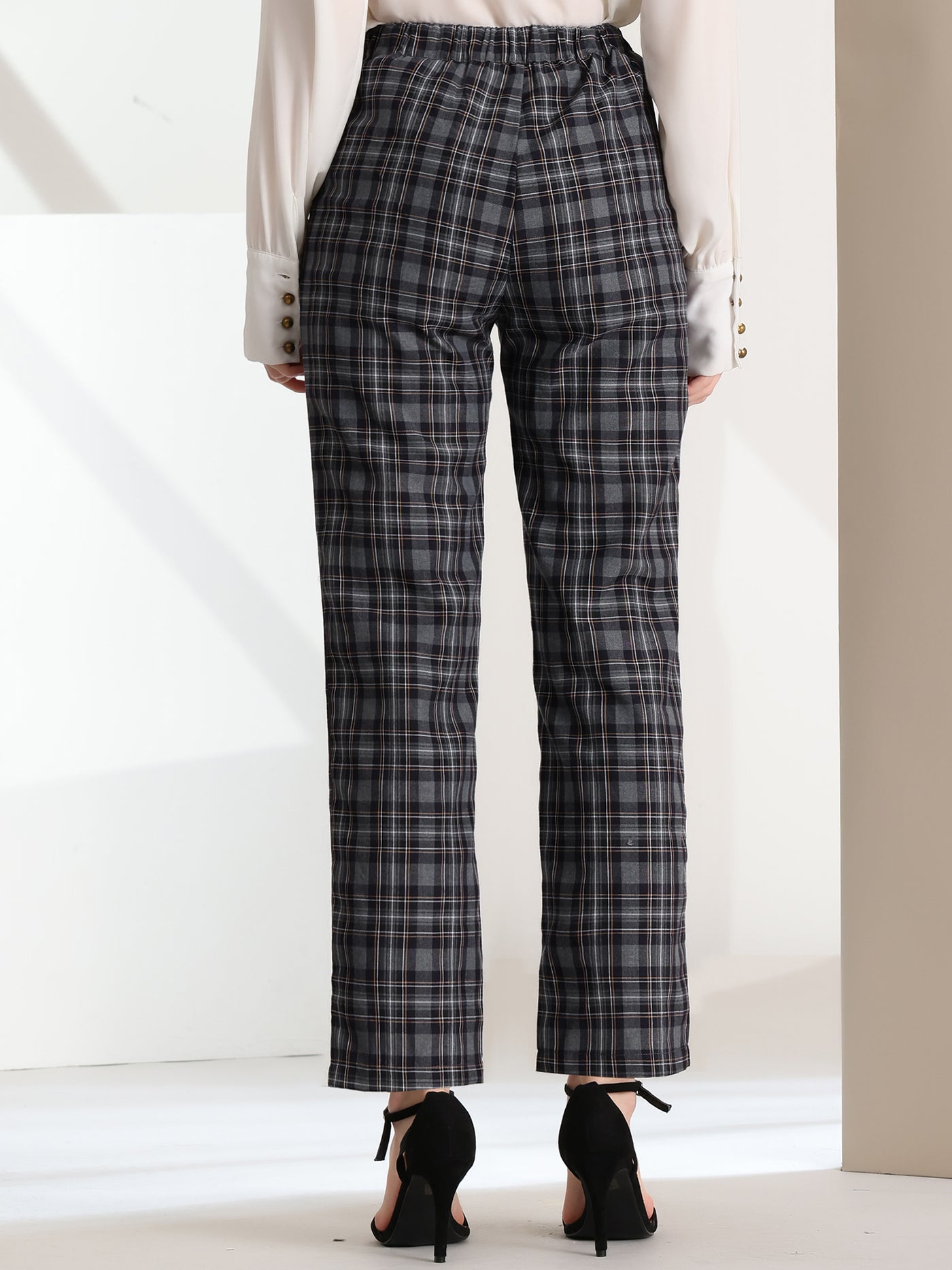 Allegra K Plaid Pants Elastic Waist Casual Work Office Long Trousers