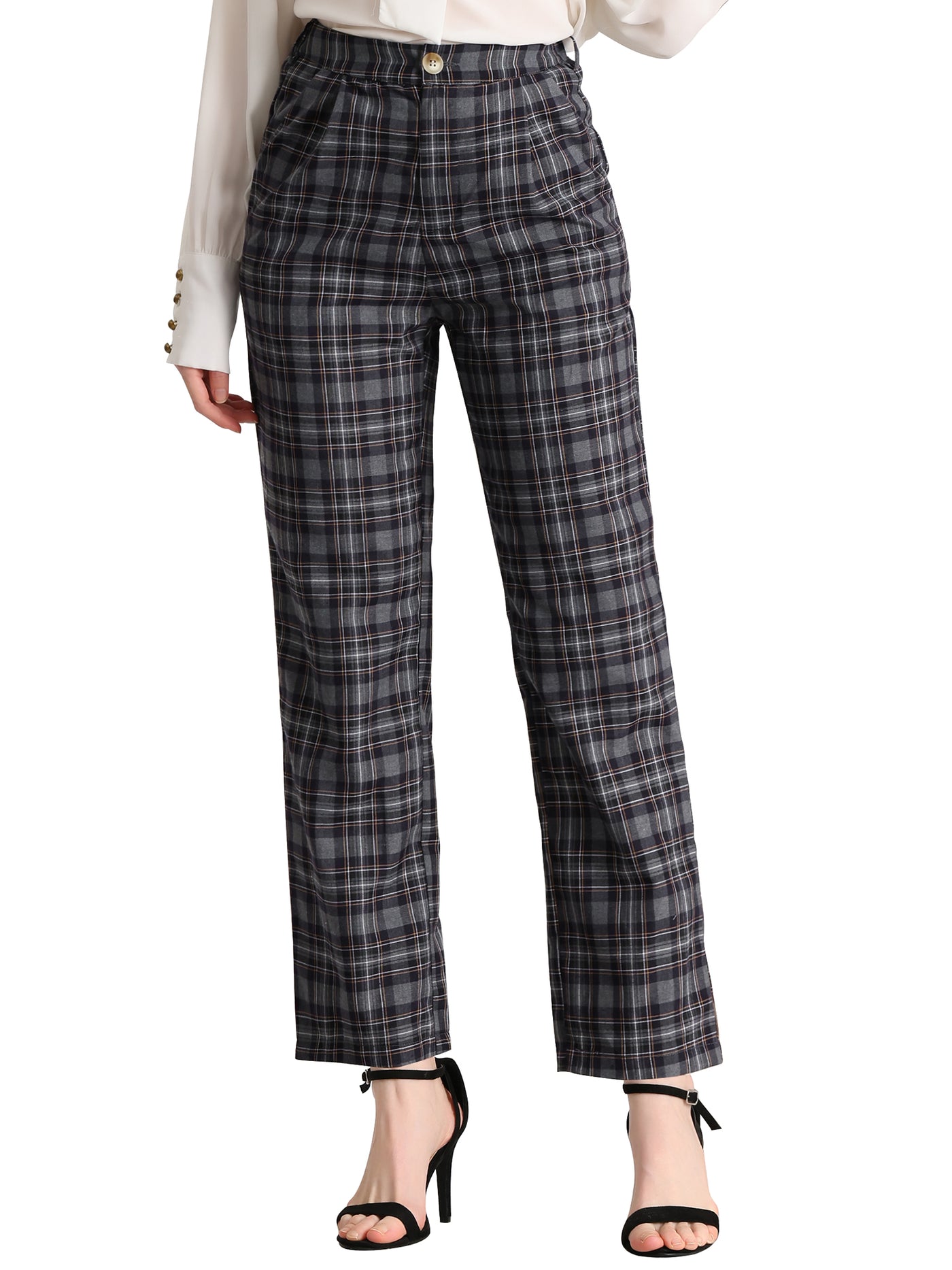 Allegra K Plaid Pants Elastic Waist Casual Work Office Long Trousers