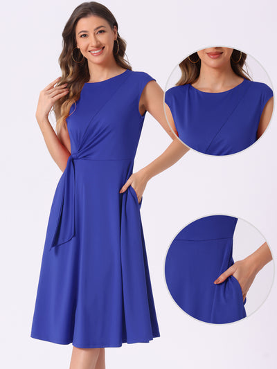 Cap Sleeves Ruched Knot Pocketed Midi A-Line Dress