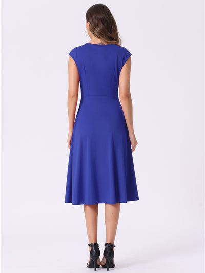 Cap Sleeves Ruched Knot Pocketed Midi A-Line Dress