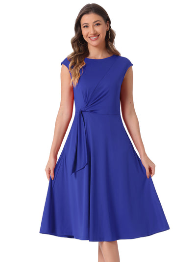 Cap Sleeves Ruched Knot Pocketed Midi A-Line Dress