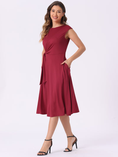 Allegra K Cap Sleeves Ruched Knot Pocketed Midi A-Line Dress