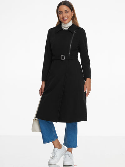 Collar Zipper Belted A-Line Winter Overcoat Long Coat