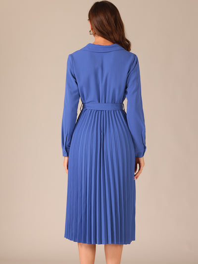 Pleated Shawl Collar Long Sleeves Belted Midi Dress