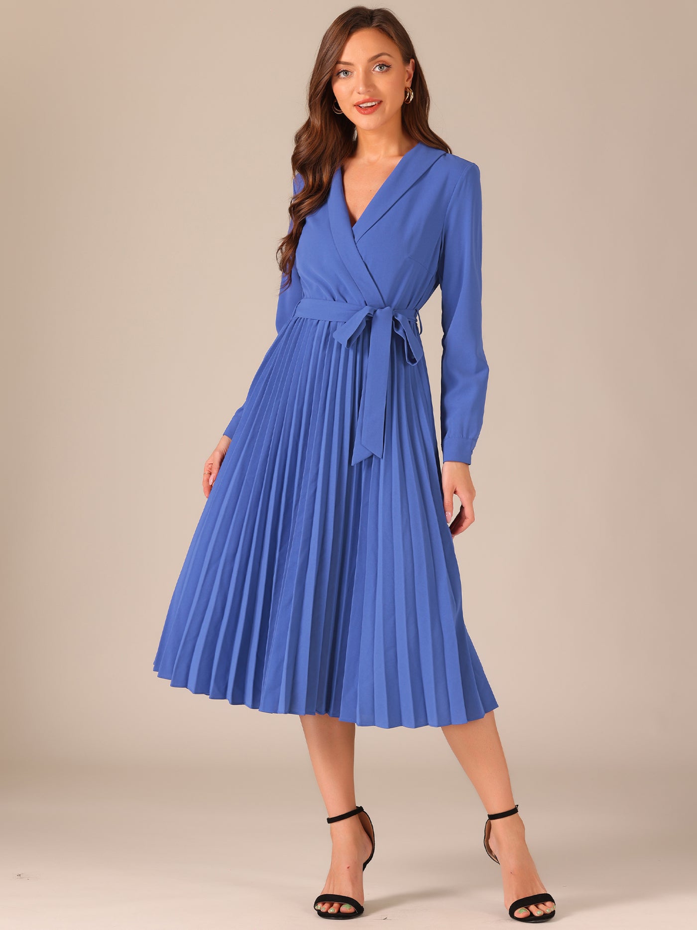 Allegra K Pleated Shawl Collar Long Sleeves Belted Midi Dress