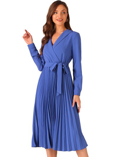 Pleated Shawl Collar Long Sleeves Belted Midi Dress