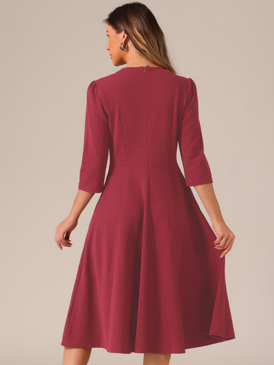 3/4 Sleeve Pleated Round Neck Pocketed A-Line Swing Midi Dress