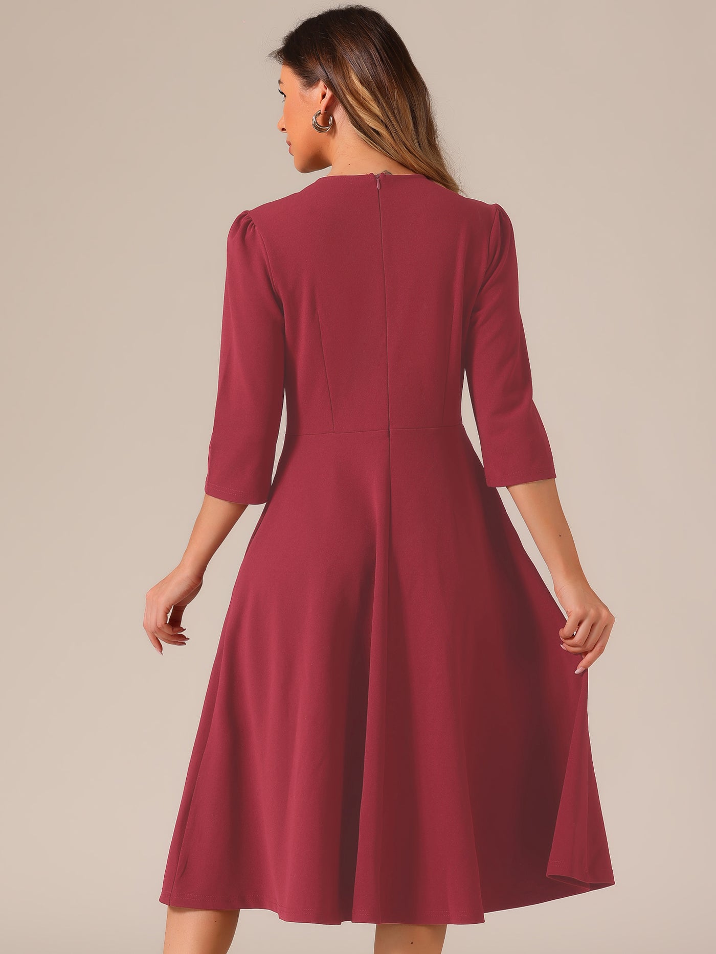 Allegra K 3/4 Sleeve Pleated Round Neck Pocketed A-Line Swing Midi Dress