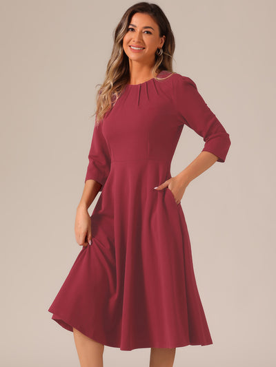 3/4 Sleeve Pleated Round Neck Pocketed A-Line Swing Midi Dress