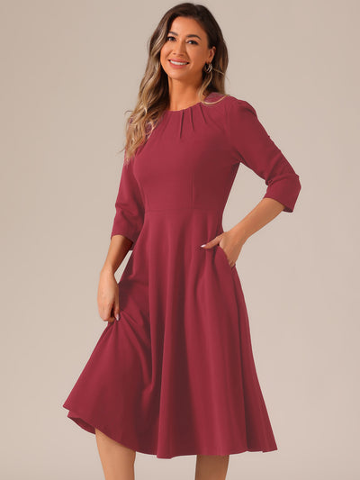 Allegra K 3/4 Sleeve Pleated Round Neck Pocketed A-Line Swing Midi Dress