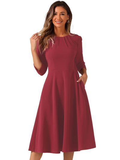 3/4 Sleeve Pleated Round Neck Pocketed A-Line Swing Midi Dress