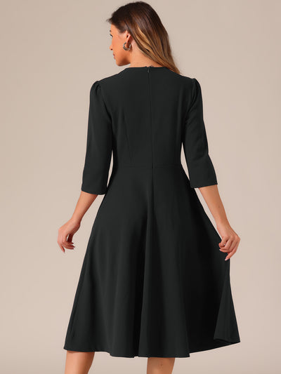 3/4 Sleeve Pleated Round Neck Pocketed A-Line Swing Midi Dress