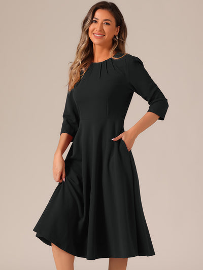 3/4 Sleeve Pleated Round Neck Pocketed A-Line Swing Midi Dress