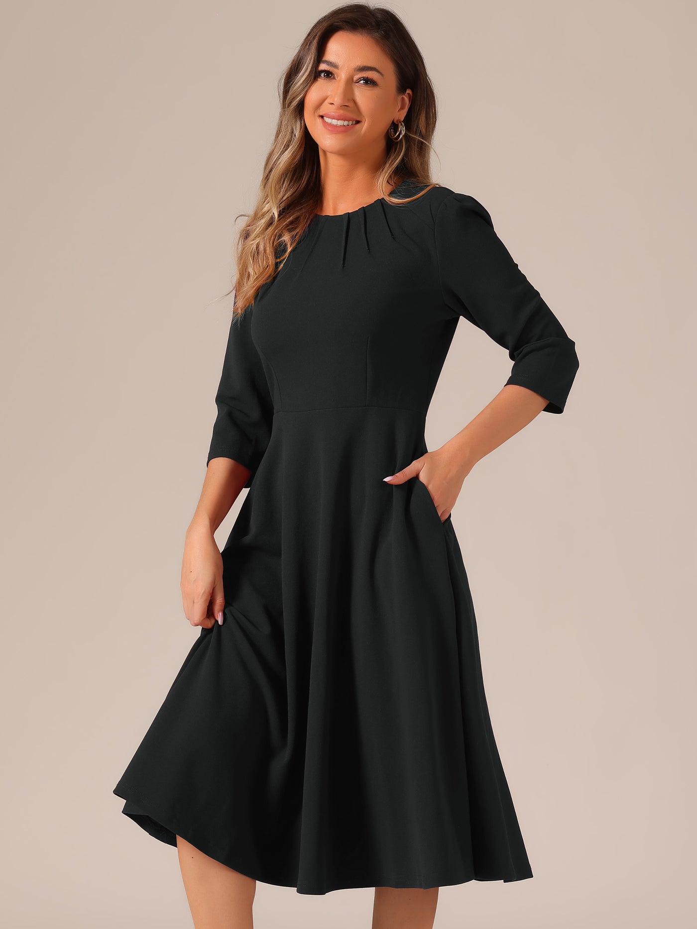 Allegra K 3/4 Sleeve Pleated Round Neck Pocketed A-Line Swing Midi Dress