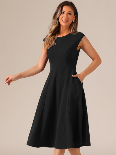 Cap Sleeve Pocketed A-Line Work Office Midi Dress