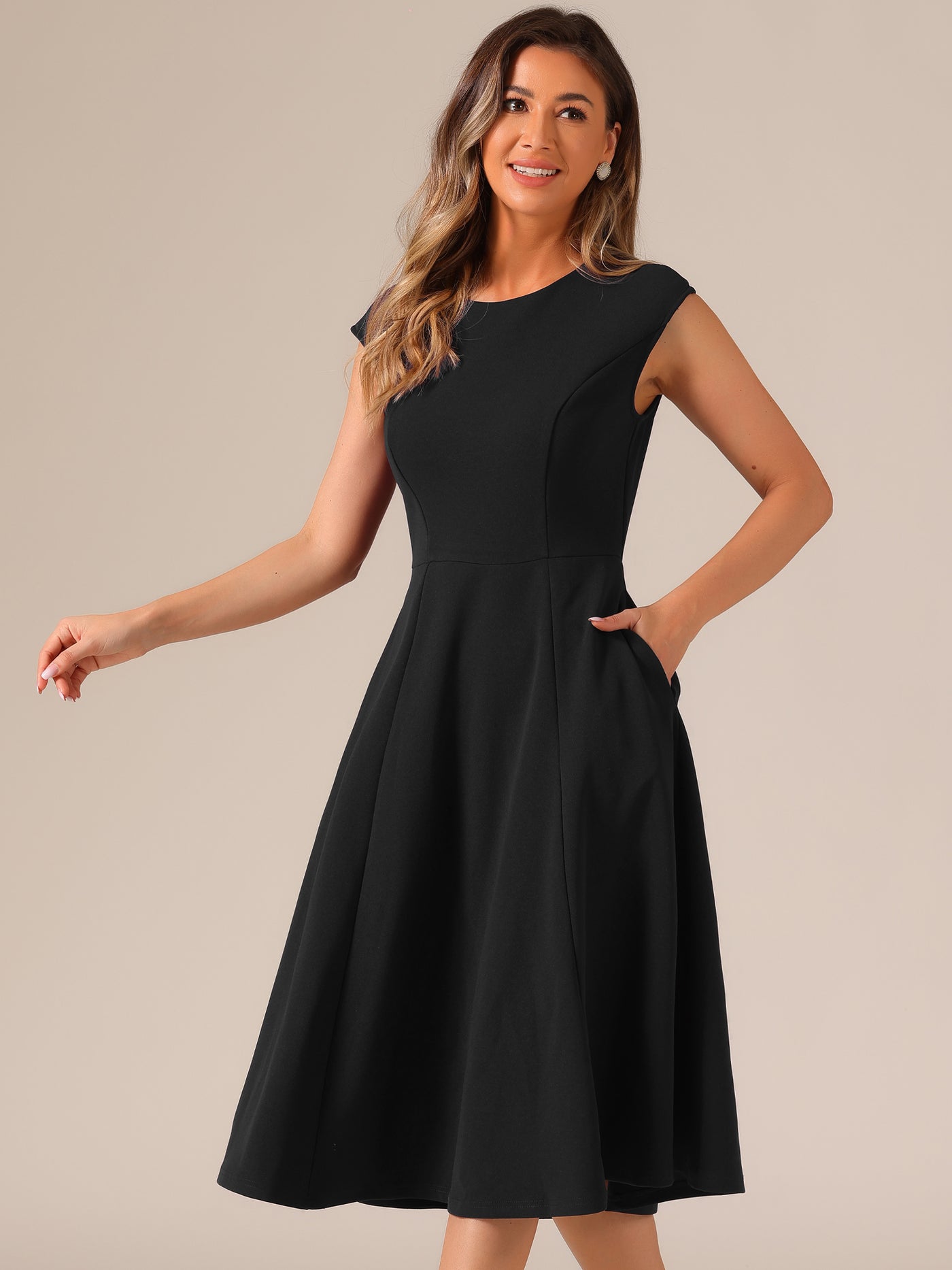 Allegra K Cap Sleeve Pocketed A-Line Work Office Midi Dress