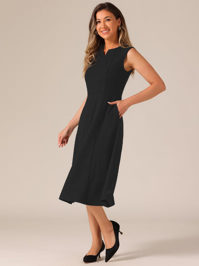 Notch Neck Pocketed Work Office A-Line Midi Dress