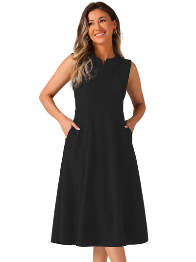 Notch Neck Pocketed Work Office A-Line Midi Dress