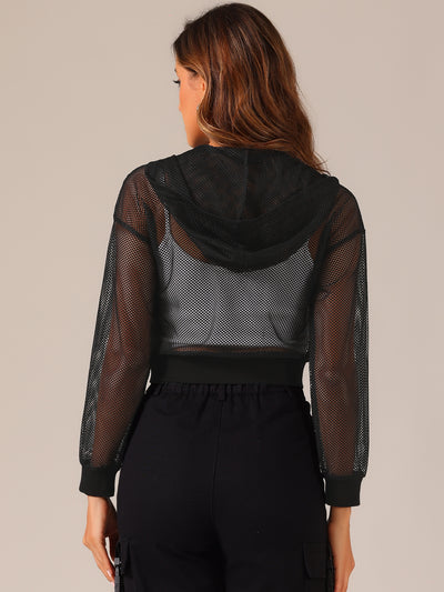 Hooded Zip Up Mesh Sheer Cropped Bomber Jacket