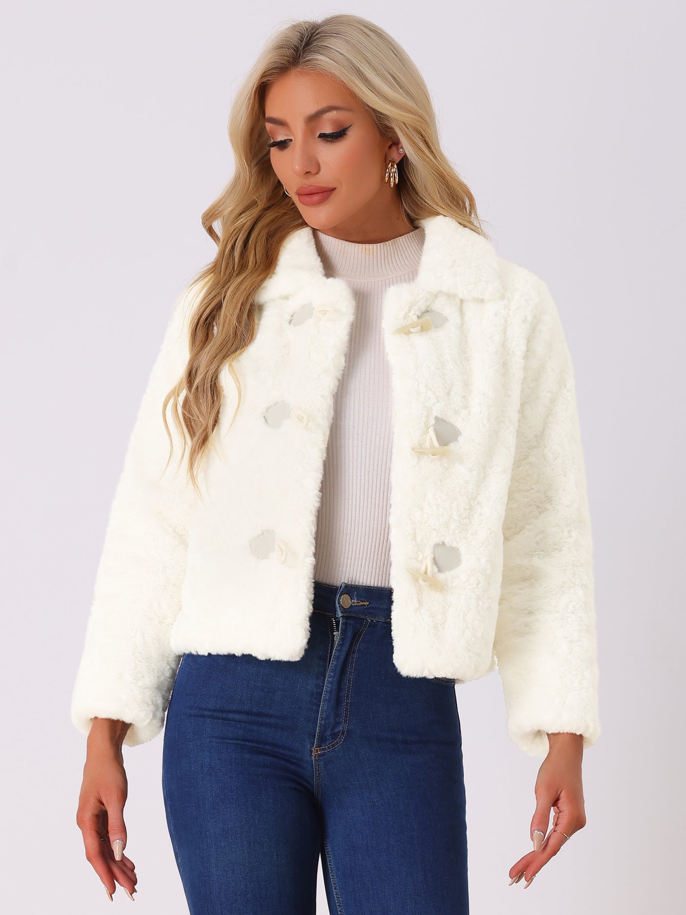 Allegra K Fluffy Collar Long Sleeves Cropped Warm Faux Fur Coats