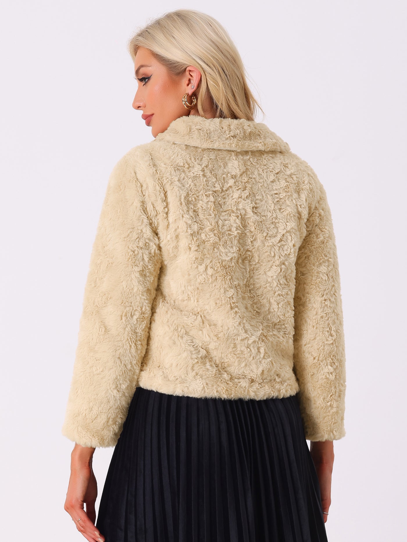 Allegra K Fluffy Collar Long Sleeves Cropped Warm Faux Fur Coats