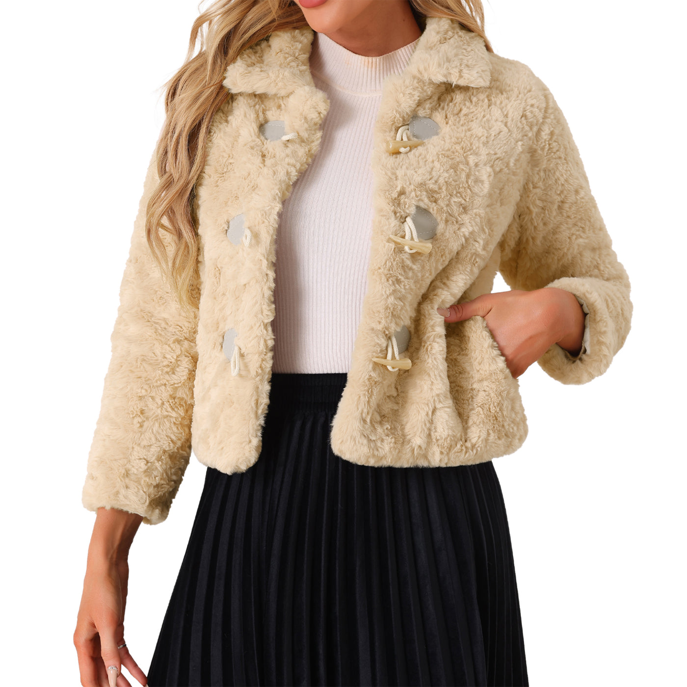 Allegra K Fluffy Collar Long Sleeves Cropped Warm Faux Fur Coats