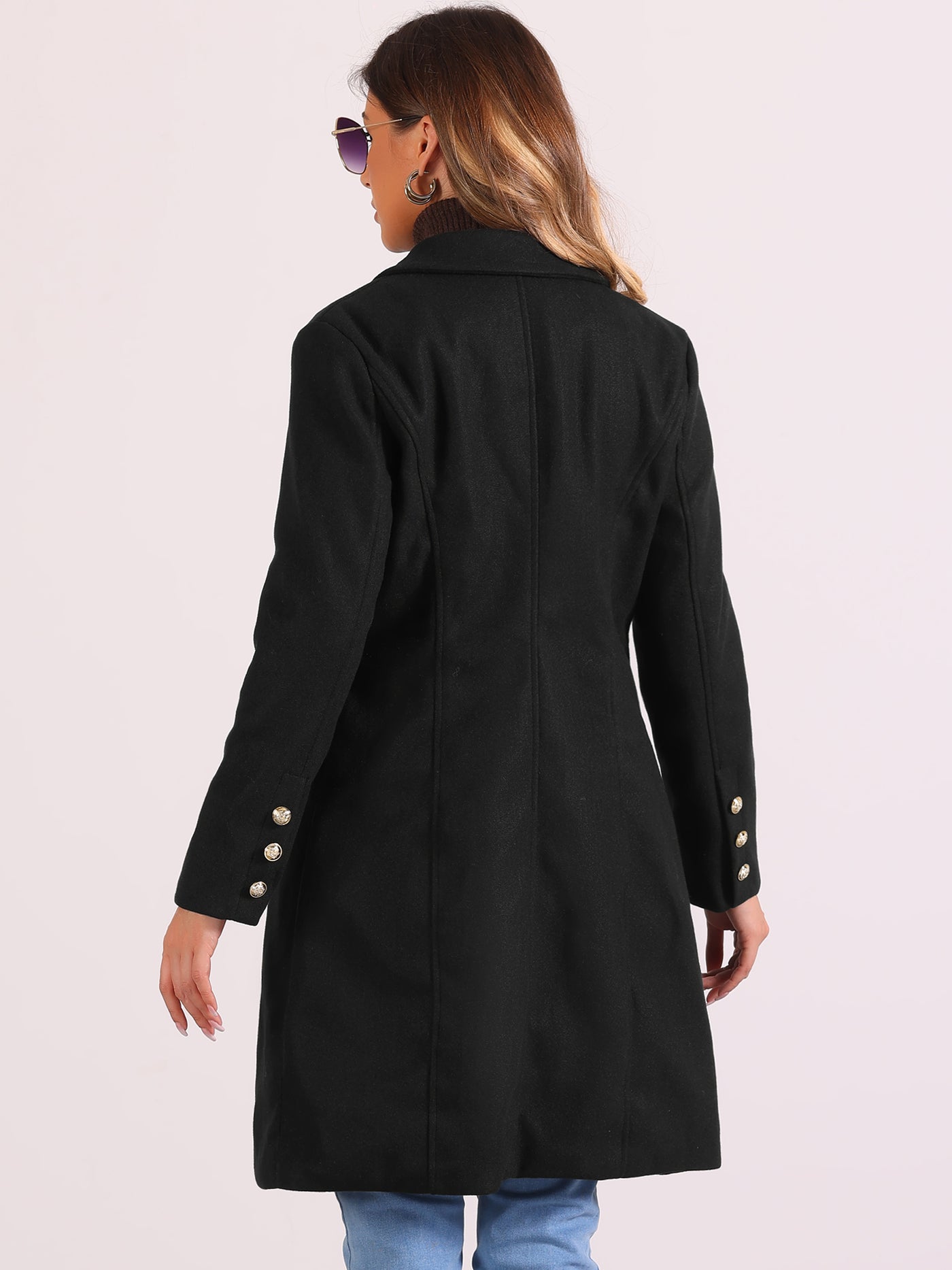 Allegra K Notched Lapel Double Breasted Mid Long Winter Pea Coat