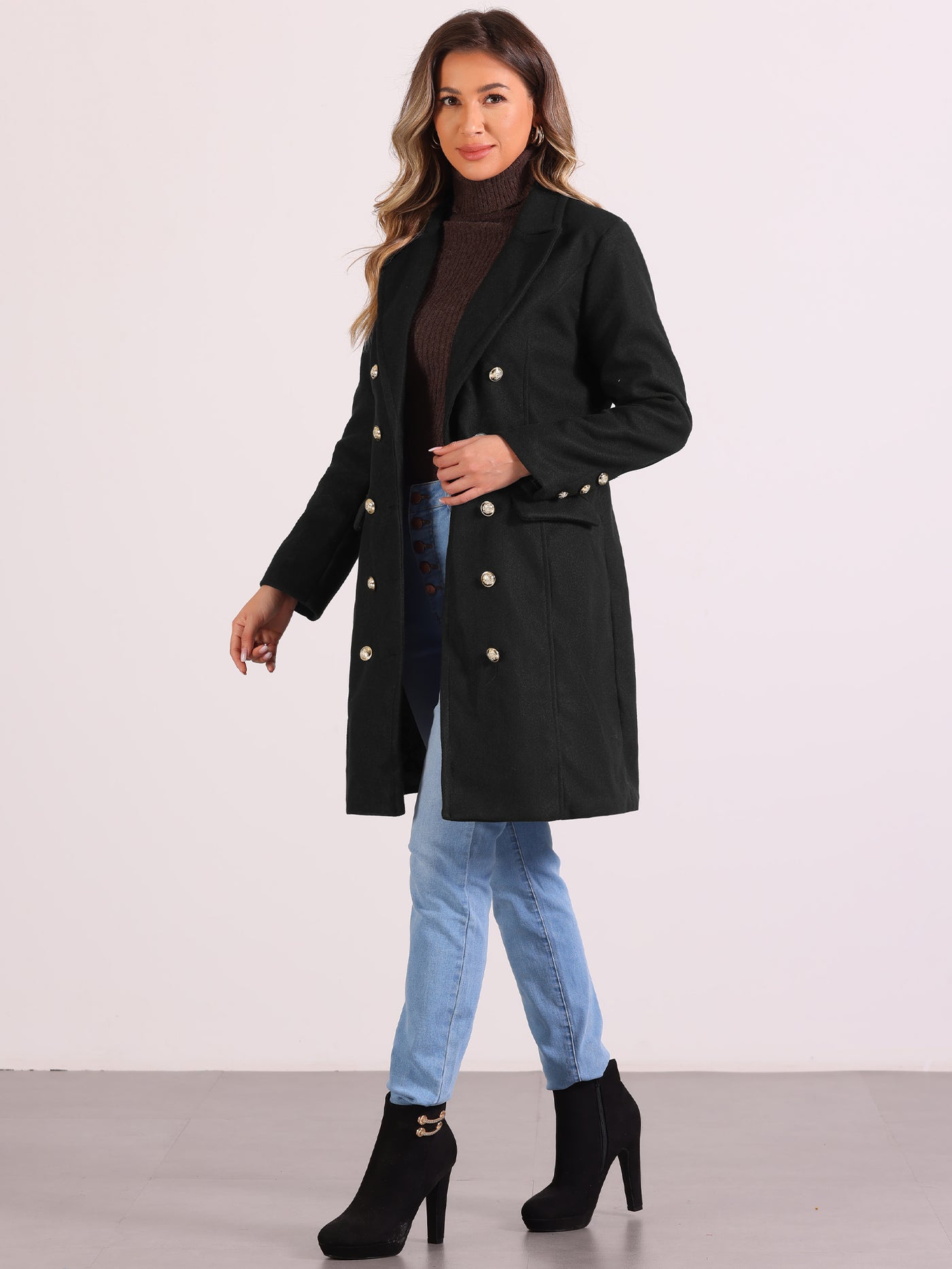 Allegra K Notched Lapel Double Breasted Mid Long Winter Pea Coat