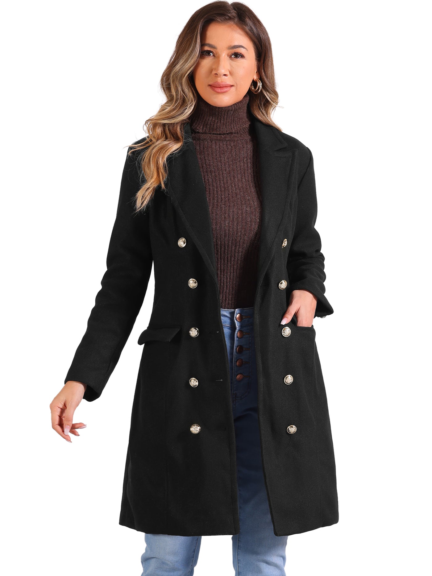 Allegra K Notched Lapel Double Breasted Mid Long Winter Pea Coat