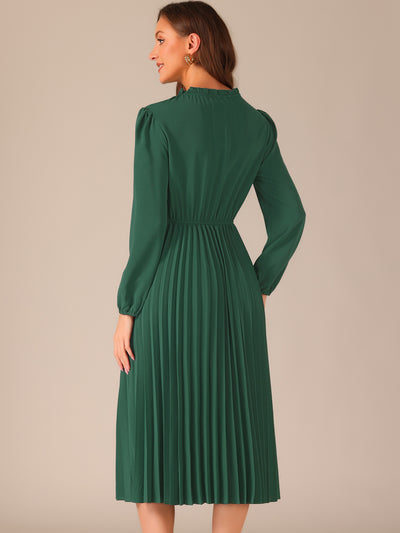 A-Line Flowy Long Sleeve Tie V Neck Pleated Midi Dress