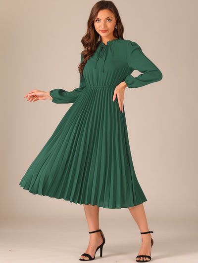 A-Line Flowy Long Sleeve Tie V Neck Pleated Midi Dress