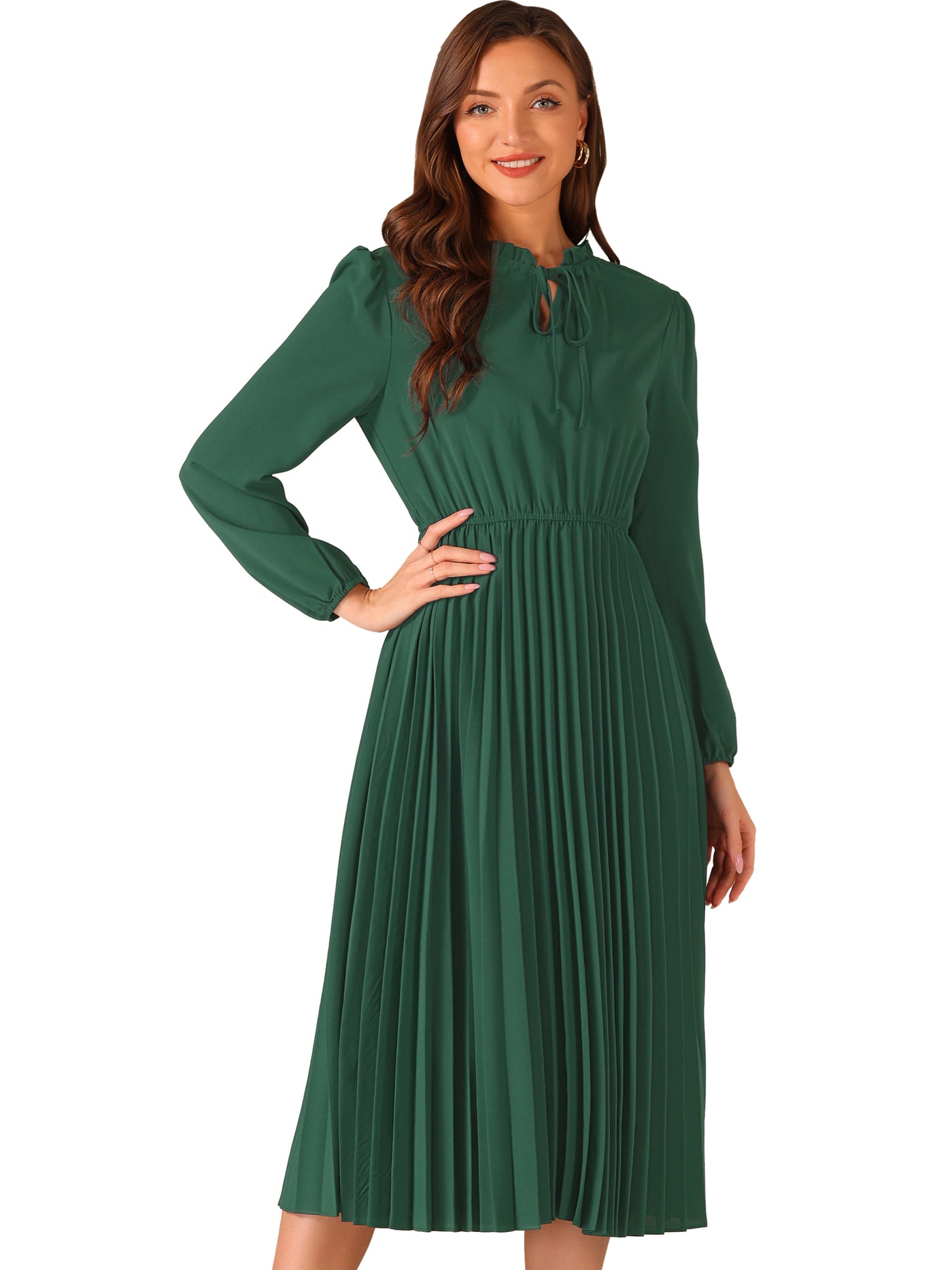 Allegra K A-Line Flowy Long Sleeve Tie V Neck Pleated Midi Dress