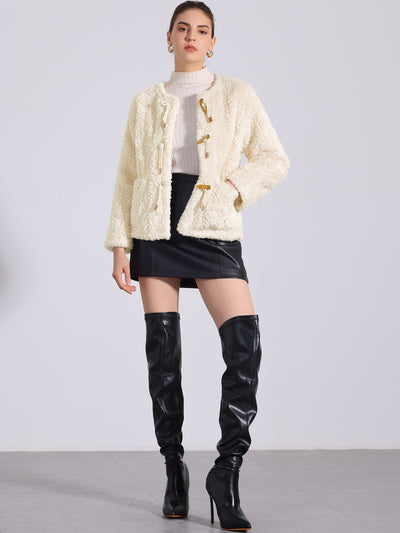 Allegra K Faux Fur Long Sleeves Fluffy Toggle Button Coats Jackets