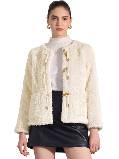 Faux Fur Long Sleeves Fluffy Toggle Button Coats Jackets