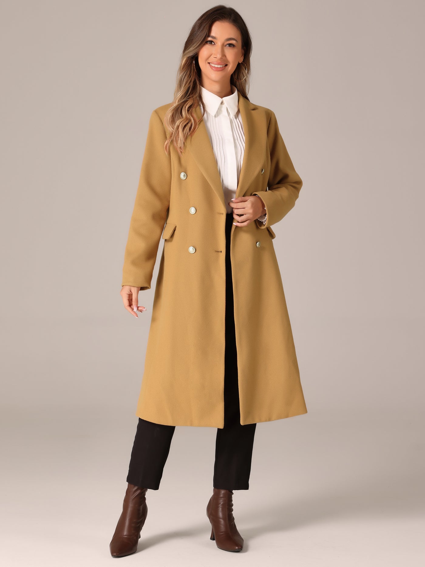 Allegra K Double Breasted Notched Lapel Collar Long Winter Pea Coat