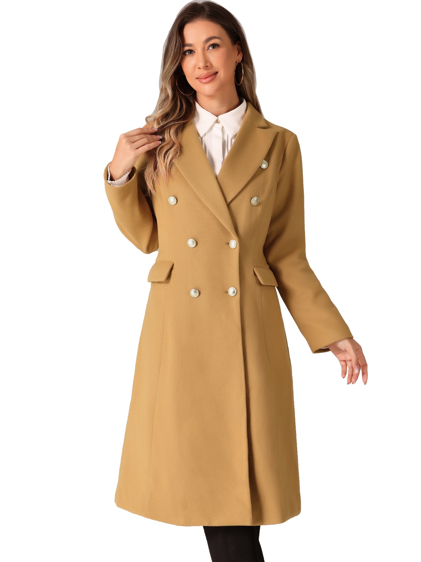 Allegra K Double Breasted Notched Lapel Collar Long Winter Pea Coat