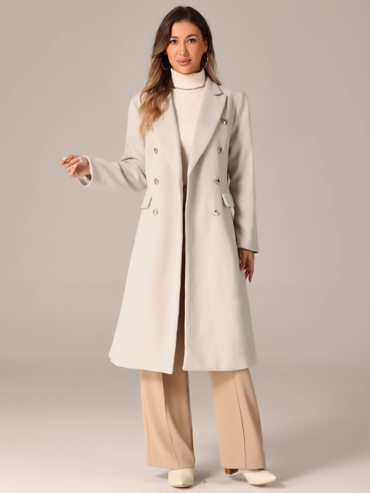 Allegra K Double Breasted Notched Lapel Collar Long Winter Pea Coat