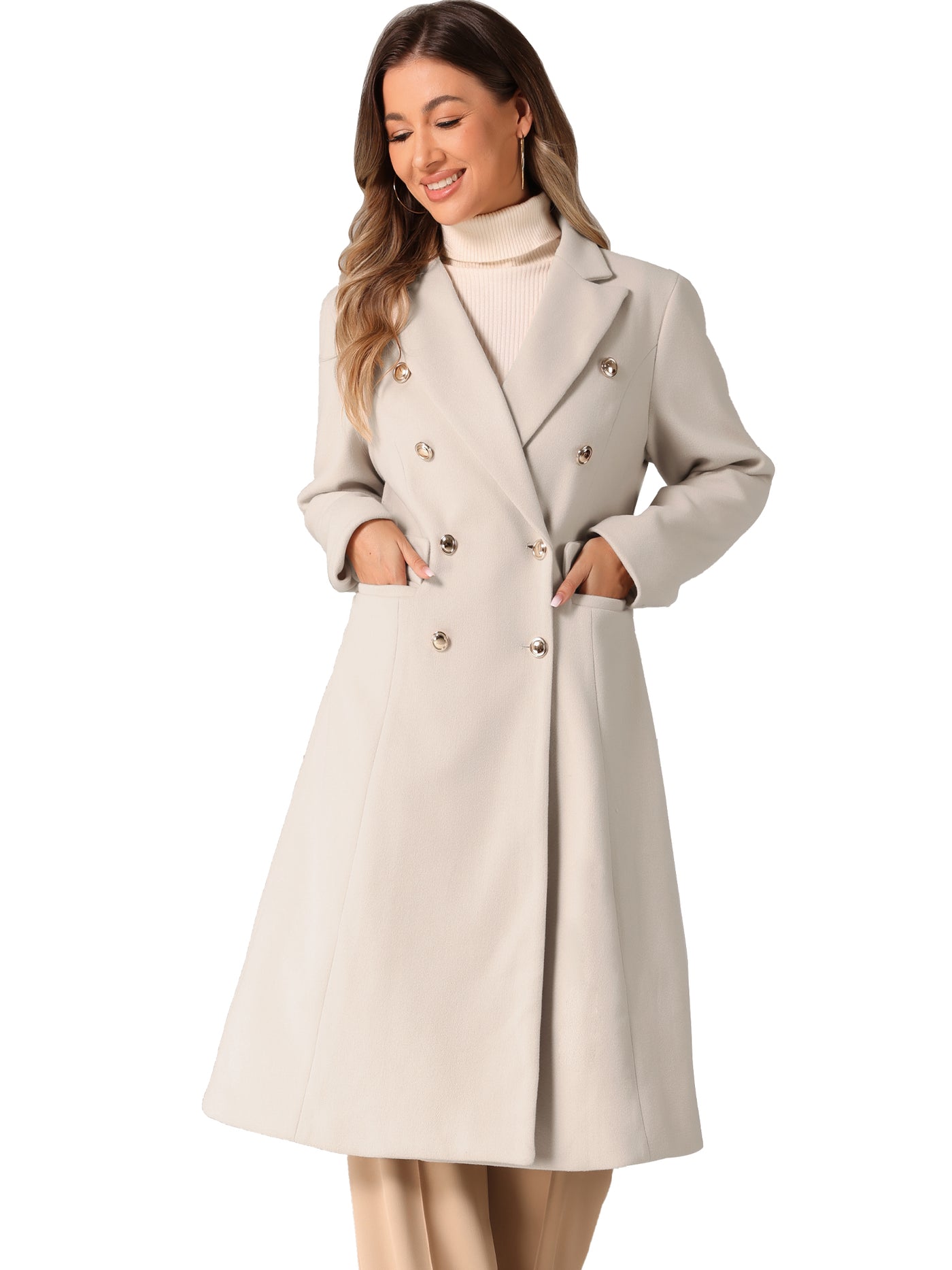 Allegra K Double Breasted Notched Lapel Collar Long Winter Pea Coat